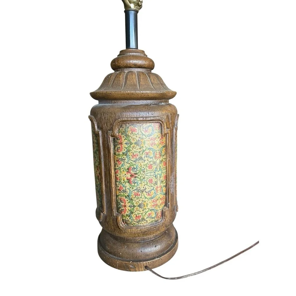 Vintage Mid Century Table Lamp Wood Grain Floral Panels Hollywood Regency Retro